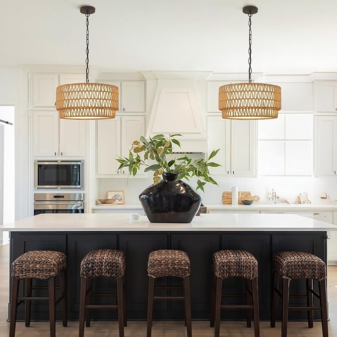 Rattan Pendant Light Fixtures, 3-Light Chandeliers for Dining Room,2-Tier Boho Woven 18” Modern Hanging Drum Lighting with Fabric Shade for Living Room Kitchen Island Entryway Hallway