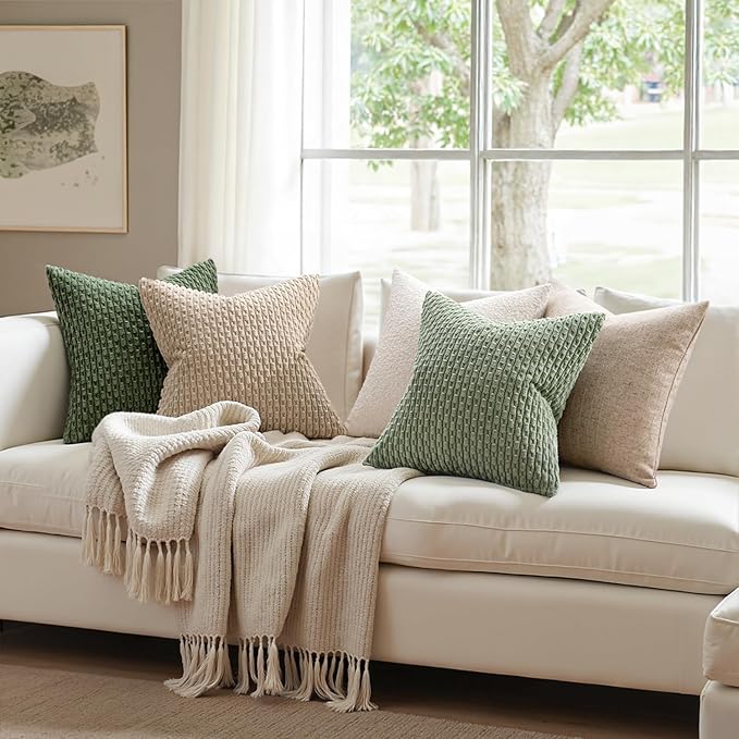 MIULEE Pack of 2 Decorative Throw Pillow Covers 18x18 Inch Soft Boho Striped Textured Corduroy Pillow Covers Modern Farmhouse Home Decor for Couch Bed Sofa Living Room Sage Green