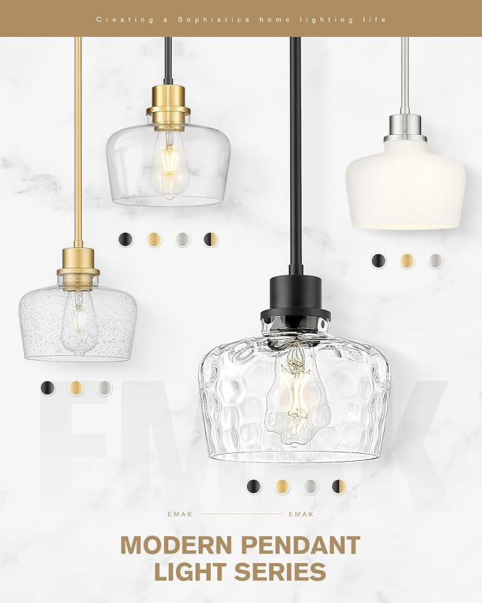 Emak Gold Pendant Lights Kitchen Island, 8 Inch Hammered Glass Pendant Light Fixtures, Modern Hanging Lights for Kitchen,Dining Room, Bathroom, PL122-GD-HG
