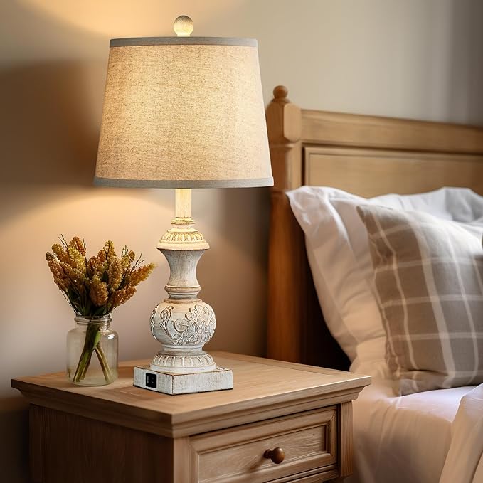Farmhouse 3 Way Dimmable Touch Table Lamps for Living Room Set of 2 Traditional Rustic Bedside Lamps for Bedroom Nightstand 23.5" Vintage Carved Floral Night Light Lamps with USB Ports Bulb Included