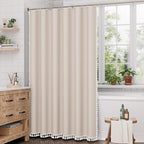 AmazerBath Boho Shower Curtain with Tassels, Beige Shower Curtains for Bathroom, Farmhouse Shower Curtain with Hooks, Faux Linen Rustic Shower Curtain Set, Water Repellent, 72x72 Inches
