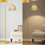 Oneach Arc Floor Lamp for Living Room,Rattan Boho Floor Lamp with Hand-Woven Wicker Shade, Gold Metal Base & Pole,Foot Switch,Farmhouse Standing Lamps for Bedroom Corner,Reading
