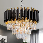 3-Tier Black Gold Crystal Chandelier 5-Light 15’’ Modern Crystal Pendant Chandelier Ceiling Light Fixture Hanging Lighting for Kitchen Island Dining Room Foyer Entryway Bedroom