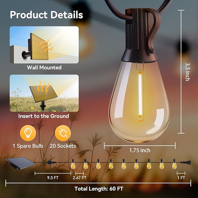 HJQ 60FT Solar String Lights Outdoor, Waterproof Patio Lights Solar-Powered with Remote & USB Charging, 20+1 LED Shatterproof Bulbs, 3 Modes, Dimmable Solar Hanging Lighting for Garden Backyard Decor