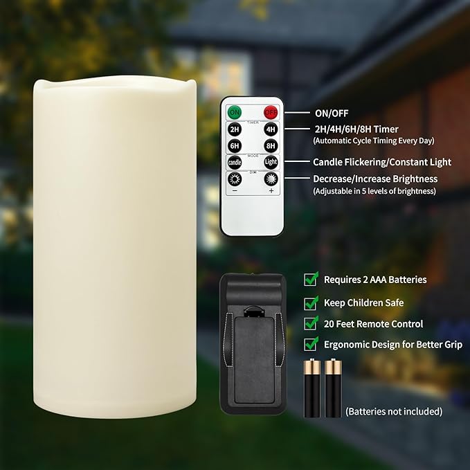 Outdoor Flameless Candles Waterproof: 6" x 12" Extra Large LED Battery Operated Flickering Pillar Candles with Timer Remote Control Fake Tall Plastic Electric Candles for Porch Laterns Patio