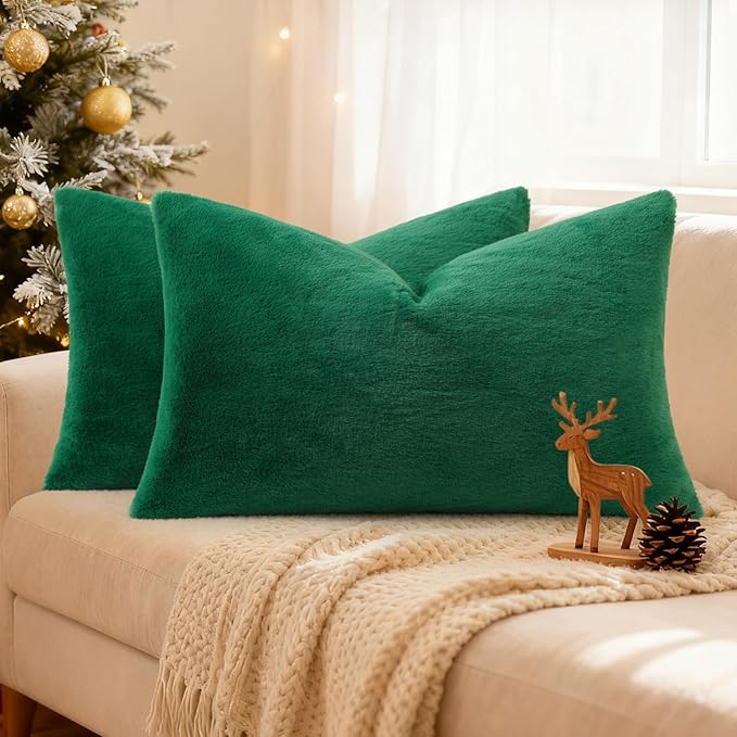 Pallene Faux Fur Plush Lumbar Throw Pillow Covers 12x20 Set of 2, Soft Fluffy Couch Pillow Covers for Living Room, Christmas Green