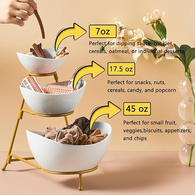 LYEOBOH 3 Tier Serving Bowls Set Tiered Serving Stand, Porcelain Oval Bowls with Collapsible Metal Stand for Entertaining, Party, Dessert Display, Candy, Chip and Dip (Gold)-45oz / 17.5oz / 7oz