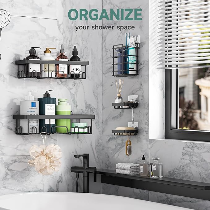 Veken Rustproof&Waterproof Shower Caddy 5-Pack, No Drilling Adhesive Wall Mounted Shower Shelves Rack, Heavy Weight Bearing, Large Organizer Storage Accessories, Ideal for Bathroom,Home&Kitchen, Black
