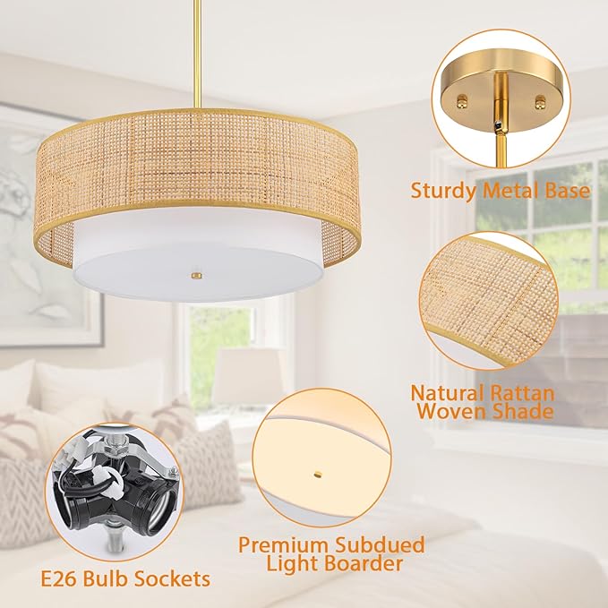 18'' Rattan Farmhouse Chandelier, 3-Lights Boho Large Pendant Light Fixture,Hand Woven Chandeliers for Dining Room with Fabric Shade, Hanging Rattan Drum Light Fixtures for Kitchen Hallway
