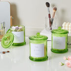 3 Pack Qtip Holder Dispenser, 16oz Bathroom Organizer and Storage Canisters, Glass Apothecary Jars with Lid - Home Decor, Room Decor Aesthetic (Green)