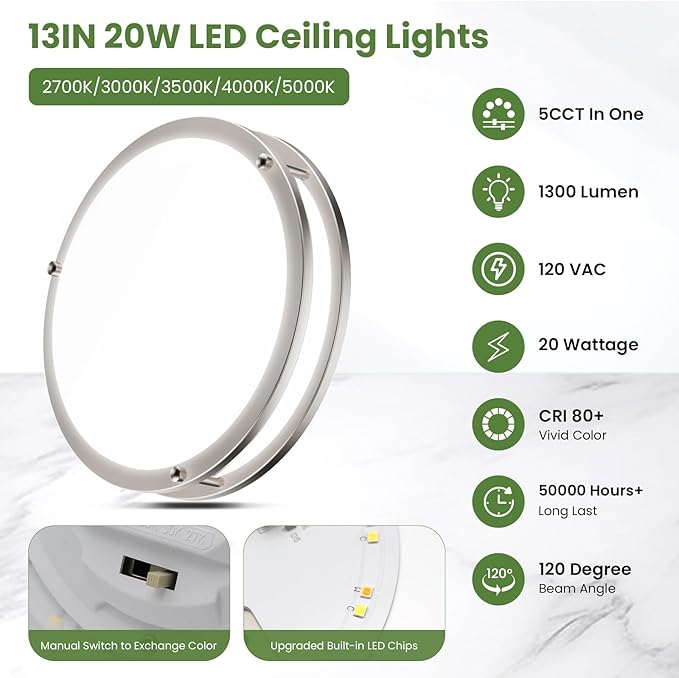 20W LED Ceiling Lights,1300lm Super Bright LED Ceiling Lights,13in Dimmable Flush Mount Light Fixtures,5CCT(5000K/4000K/3500K/3000K/2700K) Adjustable for Bedroom Kitchen Bathroom Hallway,2PACK