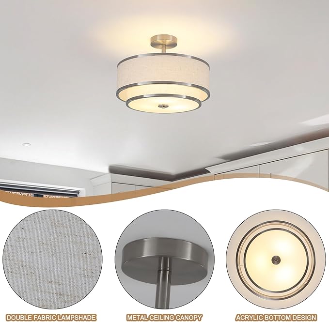 BUXVRCS Semi Flush Mount Ceiling Light Fixture, Modern Light Fixtures Ceiling Mount with Fabric Shade, 3-Light Double Drum Lighting Fixtures Close to Ceiling Light for Bedroom (Brushed Nickel)
