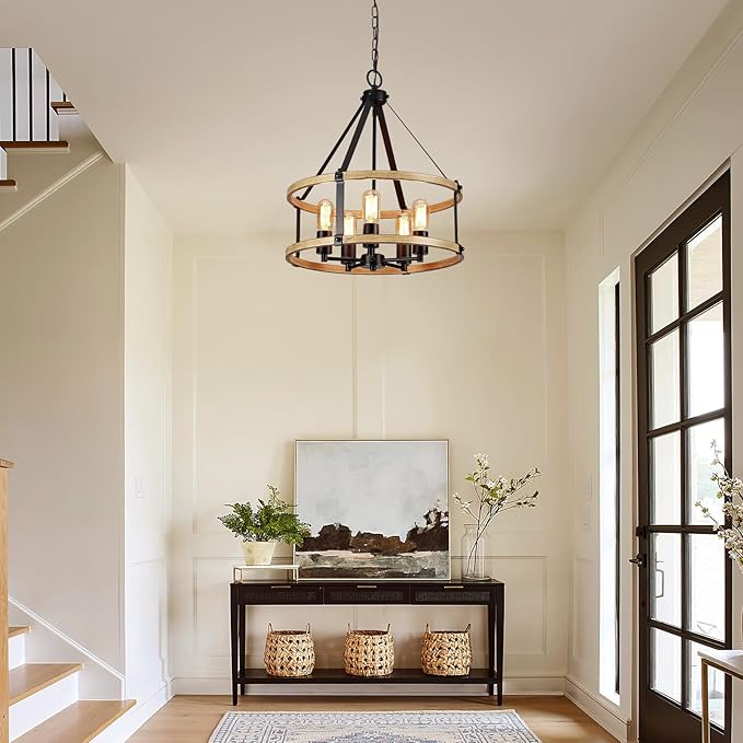 5-Light Farmhouse Chandelier, 17.7 Inch Rustic Black and Vintage Wood Finish Chandeliers for Dining Room Light Fixture, Adjustable Height Hanging Light for Kitchen Island, Entryway, Living Room