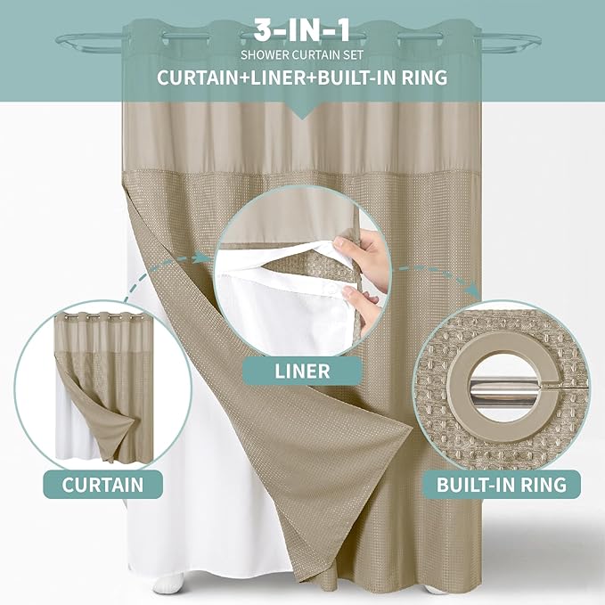Khaki No Hook Waffle Weave Shower Curtain with snap-in Liner Replacement, 230GSM Waterproof Fabric Hotel Shower Curtain Set for Bathroom, Through Mesh Top Window,71Wx86H