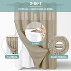 Khaki No Hook Waffle Weave Shower Curtain with snap-in Liner Replacement, 230GSM Waterproof Fabric Hotel Shower Curtain Set for Bathroom, Through Mesh Top Window,71Wx80H