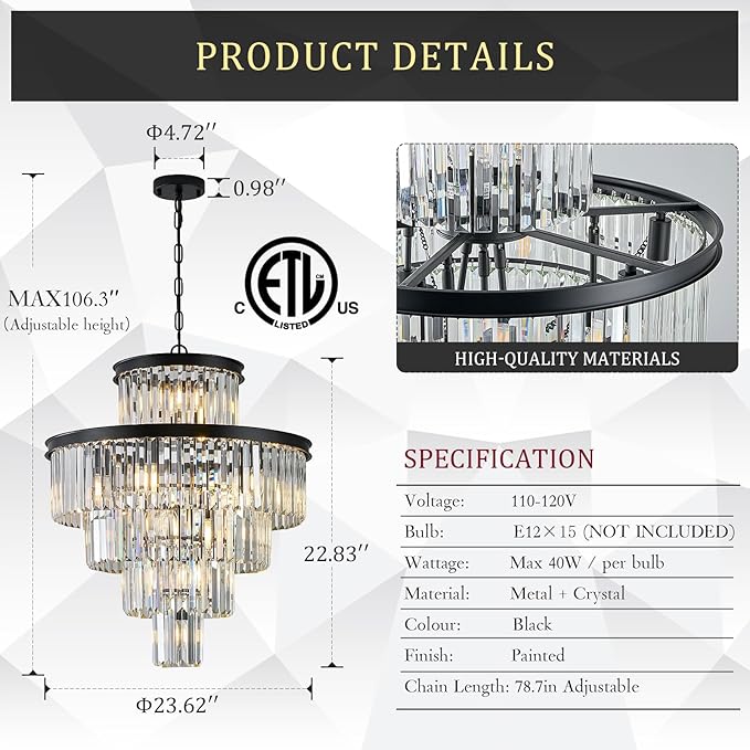 24" Modern Crystal Chandelier 15 Lights Black Pendant Light Fixture Luxury 5-Tier K9 Crystals Chandelier Contemporary Round Pendant Lighting for Dinning Room Living Room Foyer Kitchen