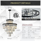 24" Modern Crystal Chandelier 15 Lights Black Pendant Light Fixture Luxury 5-Tier K9 Crystals Chandelier Contemporary Round Pendant Lighting for Dinning Room Living Room Foyer Kitchen