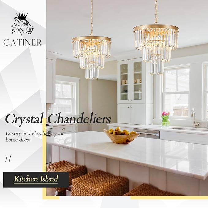 Gold Crystal Chandeliers 16" Modern 6-Light Small Pendant Light Luxury 3 Tiers K9 Crystal Ceiling Pendant Round Light Fixture for Dining Room Entryway Kitchen Bedroom Closet