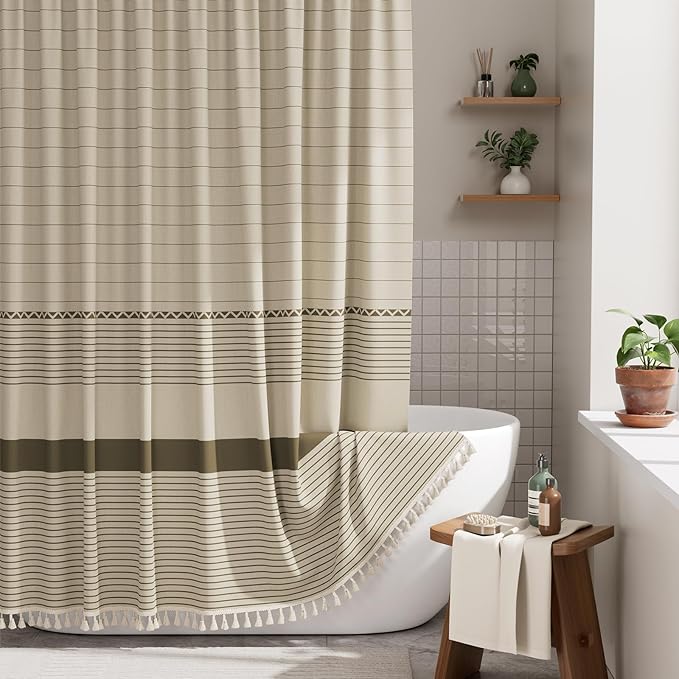 AmazerBath Farmhouse Shower Curtain, Brown Shower Curtain Set with Tassels, Rustic Faux Linen Brown Striped Boho Shower Curtain with Hooks, Warm Tan Toned, 72x72 Inches
