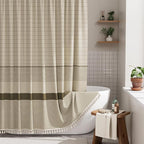 AmazerBath Farmhouse Shower Curtain, Brown Shower Curtain Set with Tassels, Rustic Faux Linen Brown Striped Boho Shower Curtain with Hooks, Warm Tan Toned, 72x72 Inches