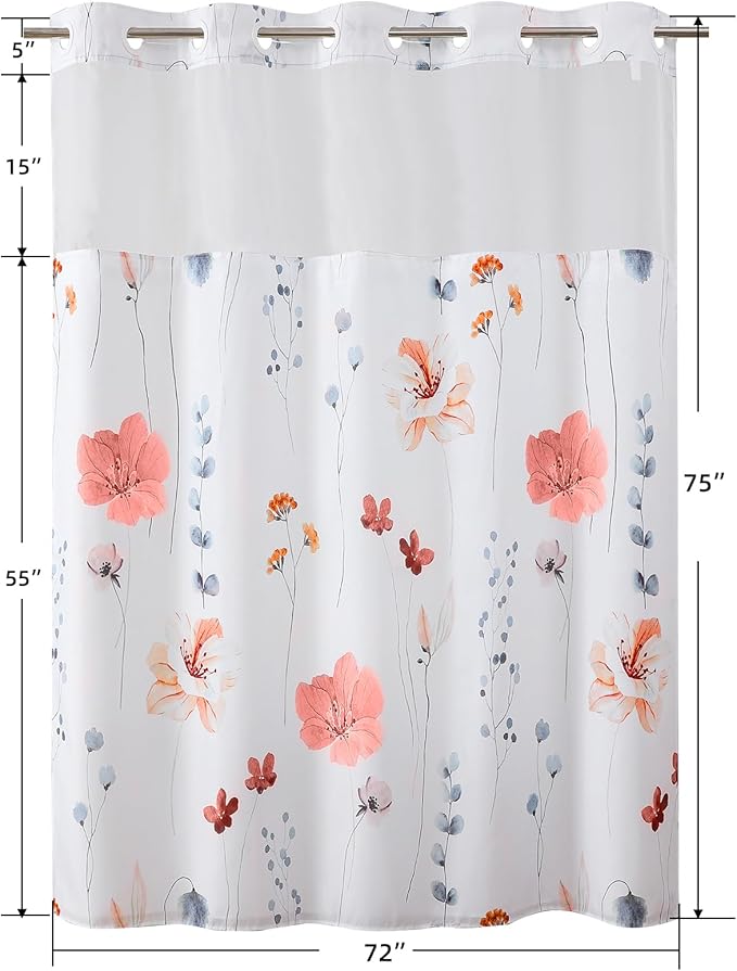 QiyI Flower Shower Curtain with Snap in Liner, Pink Watercolor Floral Cloth for Bathroom, No Hook Shower Curtains with Mesh Top Window, Fabric Waterproof Bathroom Set, 72 x 75 Inch