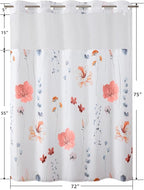QiyI Flower Shower Curtain with Snap in Liner, Pink Watercolor Floral Cloth for Bathroom, No Hook Shower Curtains with Mesh Top Window, Fabric Waterproof Bathroom Set, 72 x 75 Inch