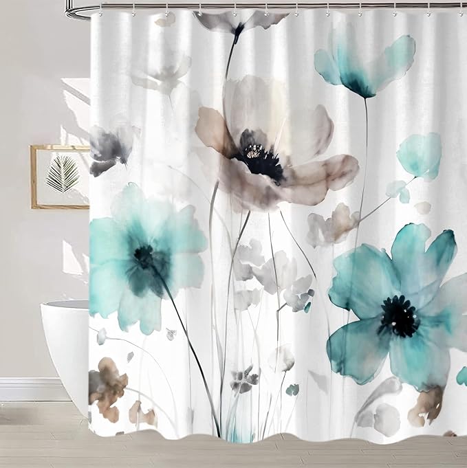 Boho Floral Shower Curtain, Cream Tan Beige Teal Grey White Flower Farmhouse Fabric Shower Curtains Set for Bathroom Decorative with Hooks 72 X 72 inch Spring Bath Decor