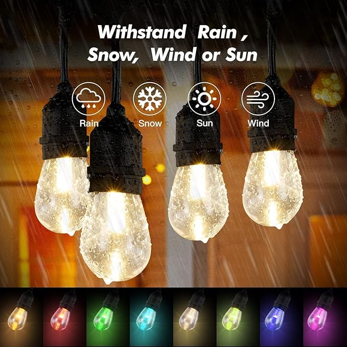 96FT Solar Outdoor String Lights, 30 Shatterproof Edison LED Bulbs, Dimmable RGB Color Changing Patio Lights with Remote, Waterproof Commercial Grade Fairy Lights for Garden, Yard