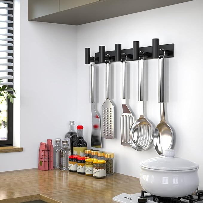 Coat Rack Wall Mounted with 5 Hooks,Heavy Duty Stainless Steel Wall Hooks for Towel Coat Bag, Hat Rack Coat Hanger Coat Hooks Towel Racks for Bathroom Entryway Kitchen Hotel (Black, 2 Packs)