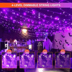 JMEXSUSS Christmas Lights, 8 Modes Waterproof Christmas Light Outdoor Plug in, Clear Wire String Lights Indoor Bedroom 500 LED Orange and Purple 163 FT