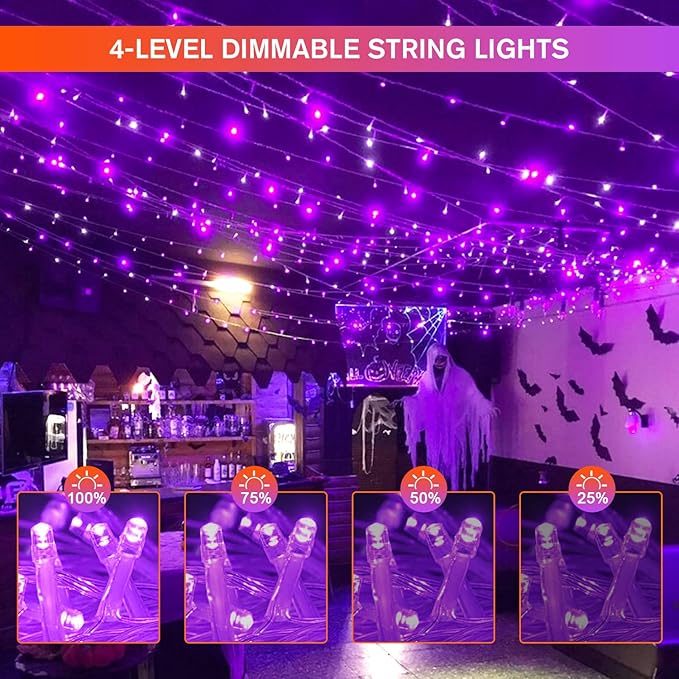 JMEXSUSS Christmas Lights, 8 Modes Waterproof Christmas Light Outdoor Plug in, Clear Wire String Lights Indoor Bedroom 500 LED Orange and Purple 163 FT