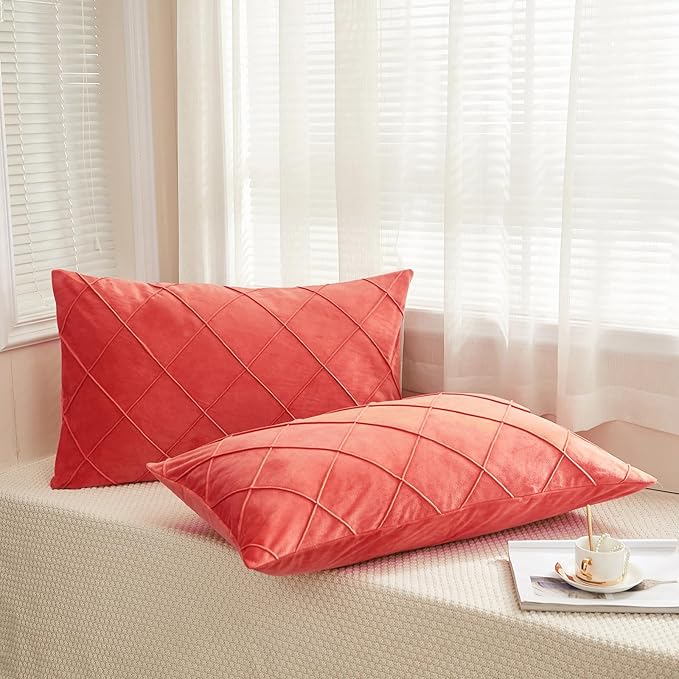 JAUXIO Diamond Pinch Pleated Crystal Velvet Pillowcases 2 Pack Solid Pintuck Throw Cushion Cover for Home Decor Hidden Zipper Closure (Coral Orange, King)