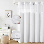 QiyI Flower Shower Curtain with Snap in Liner, Pink Watercolor Floral Cloth for Bathroom, No Hook Shower Curtains with Mesh Top Window, Fabric Waterproof Bathroom Set, 72 x 75 Inch