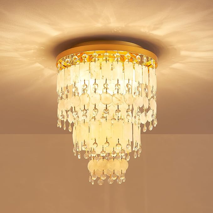 Capiz Shell Crystal Chandeliers, Close to Ceiling Coastal Style Light Fixture for Living Room, Bedroom, Dining Room, D13in x 14in, Clear Crystal & Gold Finish Frame