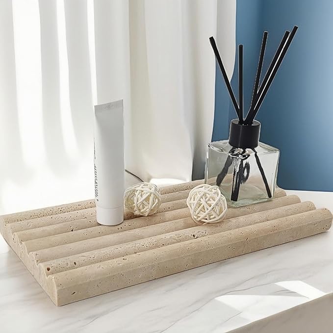Natural Travertine Marble Tray for Bathroom Countertop Organizer,Vanity Decorative Stone Tray for Candles, Perfume, Jewelry Dish Ring Tray (Beige)