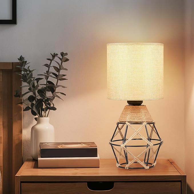 Hamilyeah Woven Table Lamps Set of 2, Boho Bedside Lamps with Fabric Shade, Farmhouse Lamps for Night Stands with On/Off Switch, Modern Industrial Desk Lamps for Bedroom, Living Room, Office