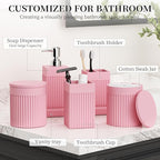 6-Piece Pink Bathroom Set - Sleek Resin Bathroom Accessories Set with Soap Dispenser, Toothbrush Holder, Vanity Tray, Tumbler & Apothecary Jars for Small Spaces