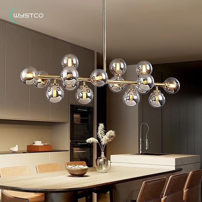 16-Light Globe Sputnik Chandelier, Mid Century Modern Light Fixture Over Table, Brass Gold Linear Chandeliers for Dining Room and Kitchen Island (Smoke Grey Glass Bubble Shades, 40 Inch)