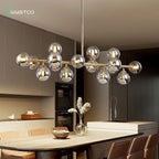 16-Light Globe Sputnik Chandelier, Mid Century Modern Light Fixture Over Table, Brass Gold Linear Chandeliers for Dining Room and Kitchen Island (Smoke Grey Glass Bubble Shades, 40 Inch)