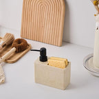 Beige Travertine Soap Dispenser with Sponge & Brush Holder – Hand & Dish Resin Soap Pump Bottle for Kitchen & Bathroom, 2-in-1 Countertop Organizer, with 2 Natural Sponges (Luxury Home Decor)