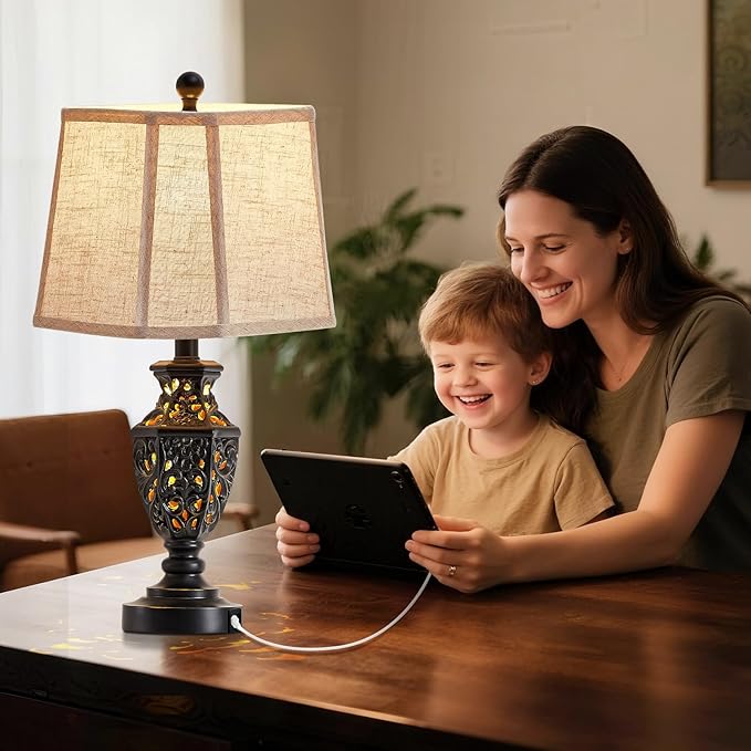 Lamps for Night Stands Set of 2-23.5" Vintage Bedside Lamp with USB A+C and Nightlight - Black Retro Carved Resin Farmhouse Table Lamp for Bedrooms, End Tables, Living Room, Bulbs Included