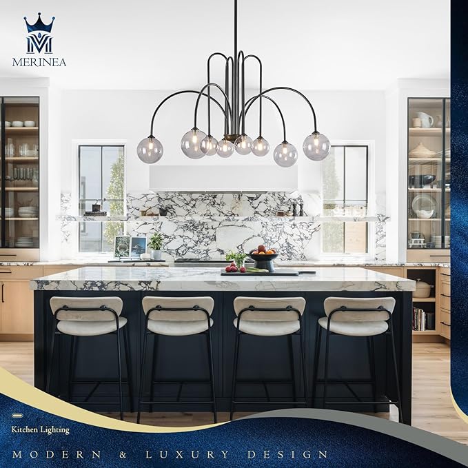 8 Lights Modern Sputnik Chandelier Large Luxury L41” Black Mid Century Smoke Glass Globe Ceiling Pendant Lighting Contemporary for Foyer Staircase Living Dining Room Kitchen