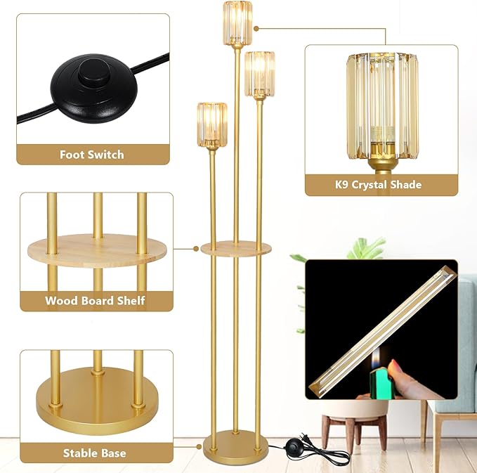 HMVPL Gold Standing Lamp with Shelf, Vintage Floor Lamp for Living Room, Retro Floor Lamp with Table, Mid Century Tall Lamp with Amber Crystal Shade, On/Off Switch, Brass Boho Corner Lamp for Bedroom