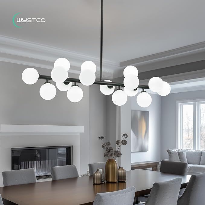 16-Light Globe Sputnik Chandelier, Mid Century Modern Light Fixture Over Table, Black Linear Chandeliers for Dining Room and Kitchen Island (Milk White Glass Bubble Shades, 40 Inch)
