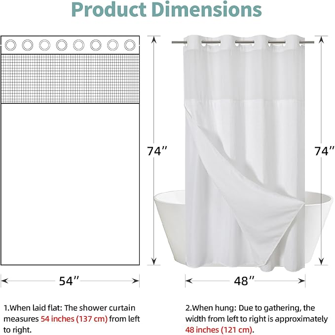 White No Hook Waffle Weave Shower Curtain with snap-in Liner Replacement, 230GSM Waterproof Fabric Hotel Shower Curtain Set for Bathroom, Through Mesh Top Window,54Wx74H
