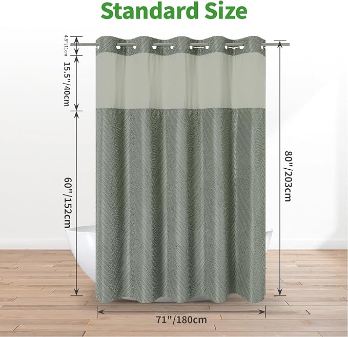 no Hook Shower Curtain and Liner Set，Boho Style with See Through Top Window, Black Fabric Tufted Striped Textured Outer Curtain & Waterproof Inner Liner, SageGreen, 71Wx80H