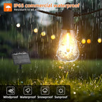 Kawaya Solar Powered String Lights for Outside: 100 FT LED Outdoor Patio Lights with USB-Charging - IP65 Waterproof Hanging Light - 50+2 Shatterproof Edison Bulbs for Bistro Cafe Camp Yard Balcony