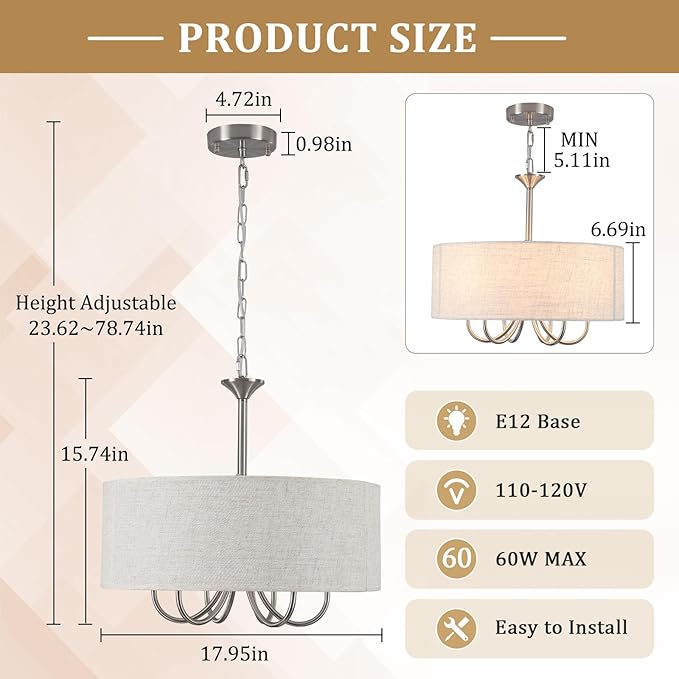 18'' Drum Chandeliers for Dining Room, 6-Light Modern Farmhouse Chandelier Linen Pendant Light, Brushed Nickel Round Chandelier Hanging Light Fixture for Living Room Bedroom Foyer
