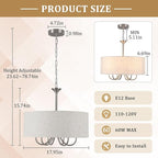 18'' Drum Chandeliers for Dining Room, 6-Light Modern Farmhouse Chandelier Linen Pendant Light, Brushed Nickel Round Chandelier Hanging Light Fixture for Living Room Bedroom Foyer