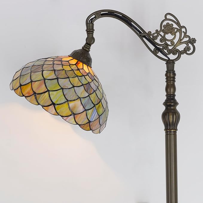 Tiffany Floor Lamp Stained Glass Fish Scales Style Arched Reading Light Gooseneck Adjustable Corner Standing Lamp 12X16X66 Inch for Bedroom Living Room Home Office